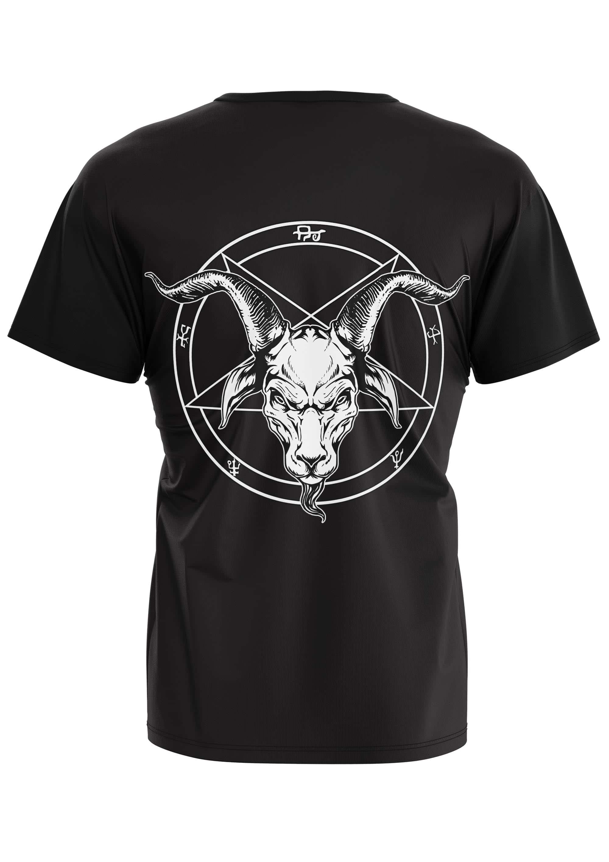 Schwarzes gothic kurzarmshirt mit weißem horror grafik ziegenkopf in invertiertem pentagramm rückseite sichtbar